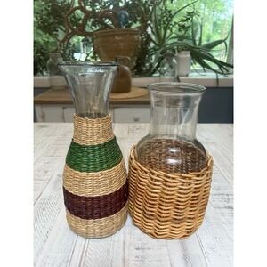 2 vintage rattan wicker wine carafe decanter.‎